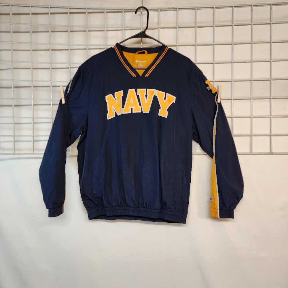 S Mens Champion US Navy Military windbreaker pullover jacket sweater blue gold
